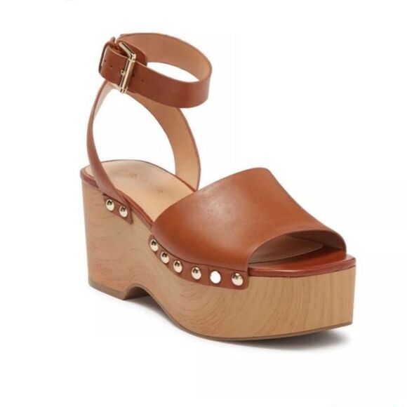 Marc Fisher Shoes - Marc Fisher Cognac Diona Leather Platform Faux Wood Wedge Sandals - Size 9.5